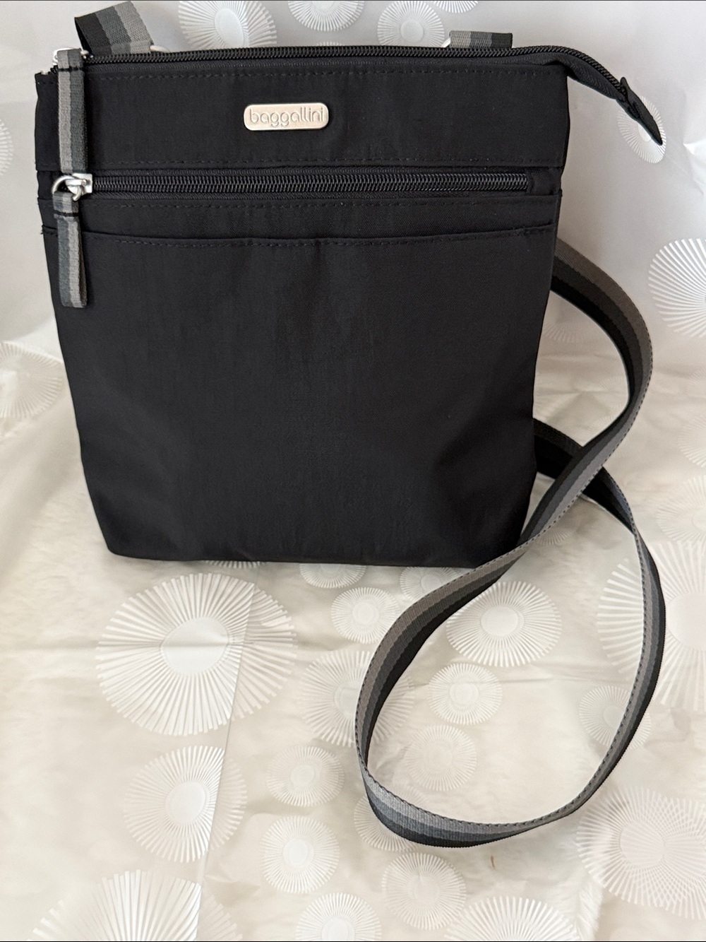 Baggallini Black Lightweight Crossbody with grey and black Striped Strap